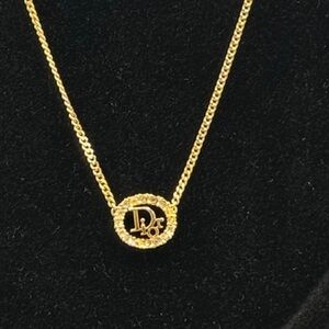Christian Dior Gold Logo Round Rhinestone Pendant Necklace CD Charm